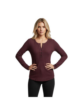 Free People We The Free Ribbed Henley Burgundy Long Sleeve Fitted Top S Boho